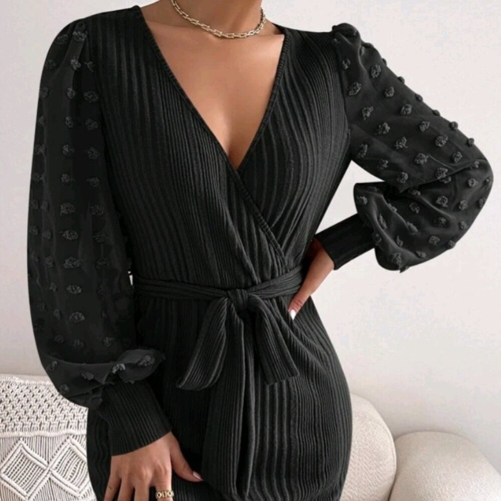 NWOT!! Shein Semi-Sheer Lantern Sleeve Belted Bodycon Dress Sz 4
